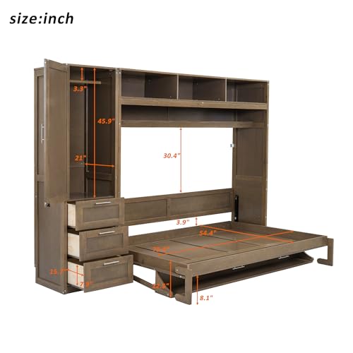 Murphy Bed with Wardrobe, Solid Wood Wall Bed with Drawers and Shelves M422945