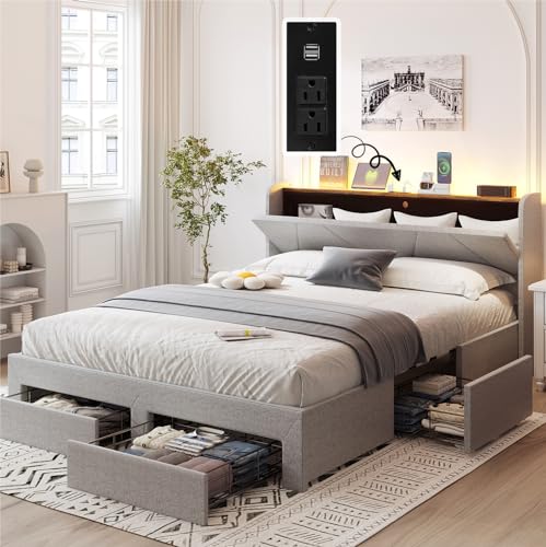 VOWNER Queen Bed Frame with Storage Headboard & 4 Drawers, LED Upholstered Bed Frame with Charging Station, Wood Slats Support No Box Spring Needed, Light Grey