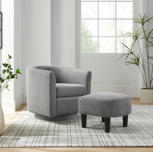 Swivel Accent Chair with Ottoman, Comfy Corduroy Barrel Chair, 360°Swivel Round Arm Chair, Reading Armchair with Footstool Set, Modern Club Sofa Chair for Bedroom, Living Room, Lounge, Office, Grey