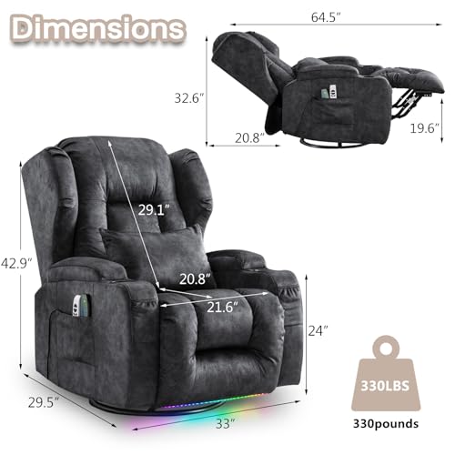 Swivel Recliner Chair with Massage & Heat, USB Port, Grey H61631