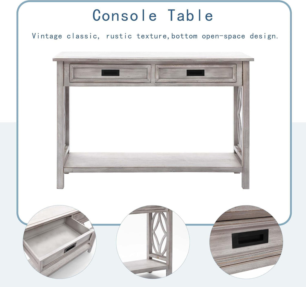 Whitewashed Console Table with Drawers and Storage Shelf J40224