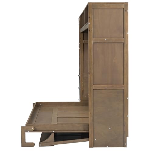 Murphy Bed with Wardrobe, Solid Wood Wall Bed with Drawers and Shelves M422945