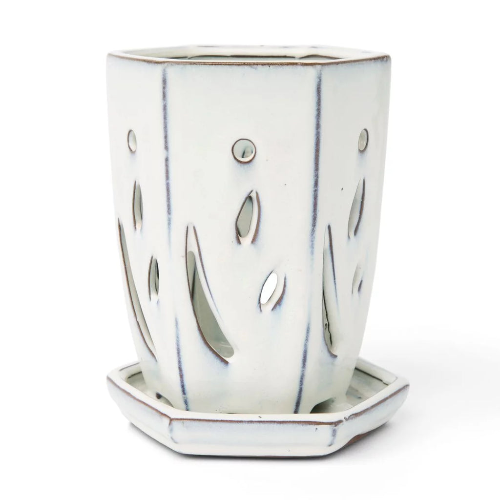 rePotme 4" x 6" Hexagon Ceramic Orchid Pot (White Diamond)