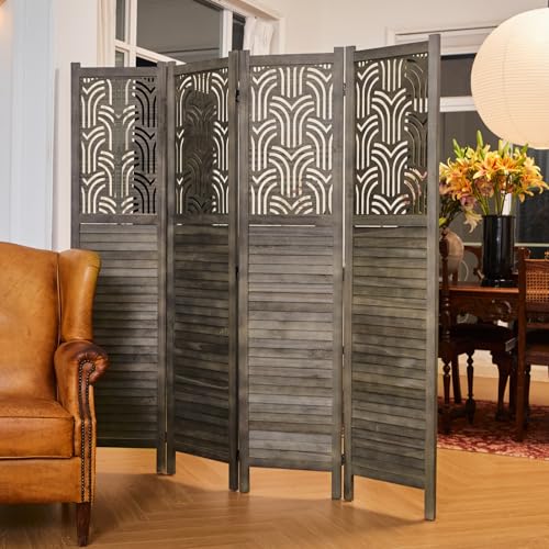 Wood Carved Room Divider, 4 Panel Folding Partition Screen I62007