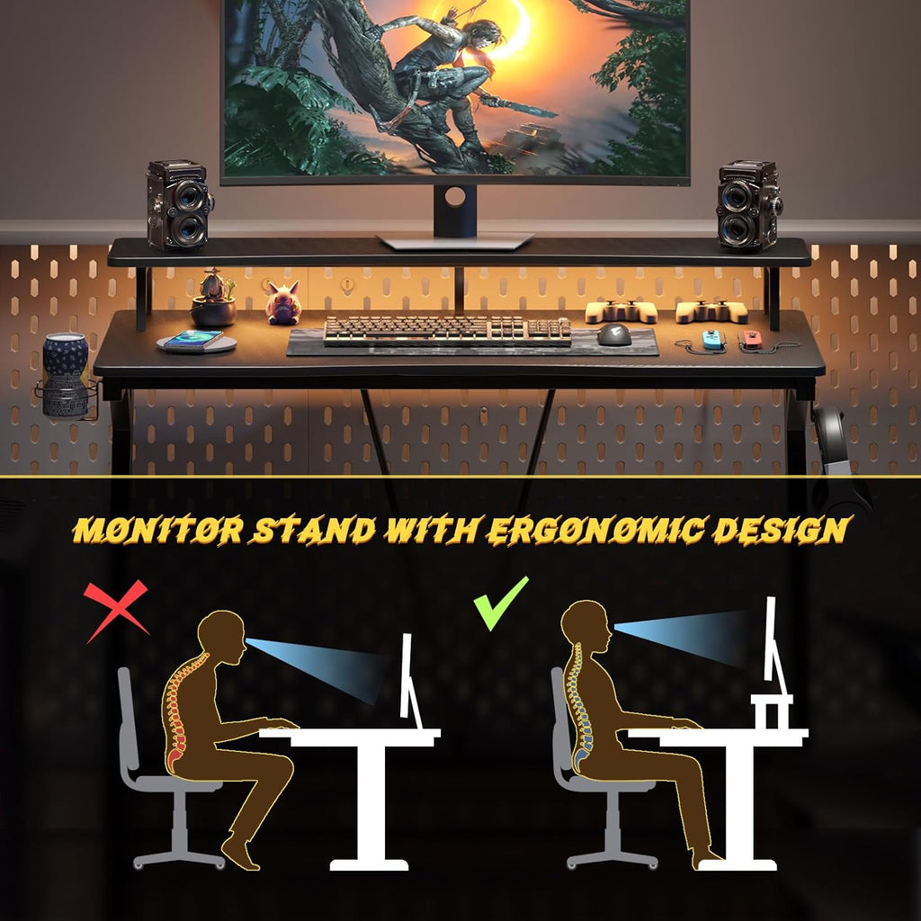 Gaming Desk with Power Outlets & Music Strip Lights, Computer Desk with Monitor Stand N505419