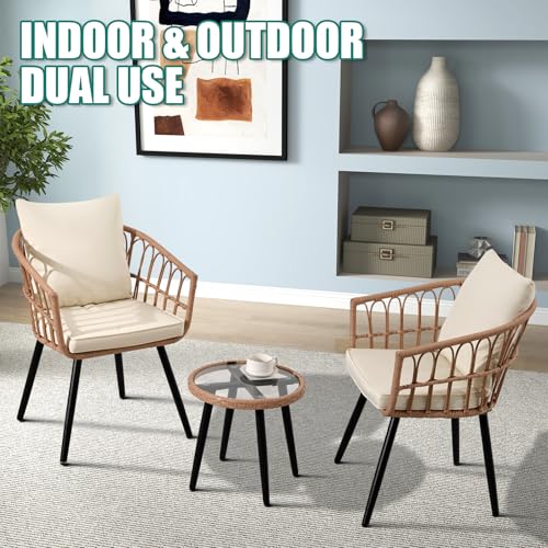 Patio Bistro Set, Outdoor Wicker Table and 2 Chairs with Cushions Y870346