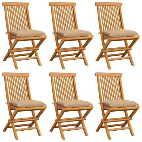 Patio Chairs with Beige Cushions 6 pcs Solid Teak Wood,Premium Teak Wood Folding Patio Chairs with Cushions Elegant and Comfortable Outdoor Seating Furniture