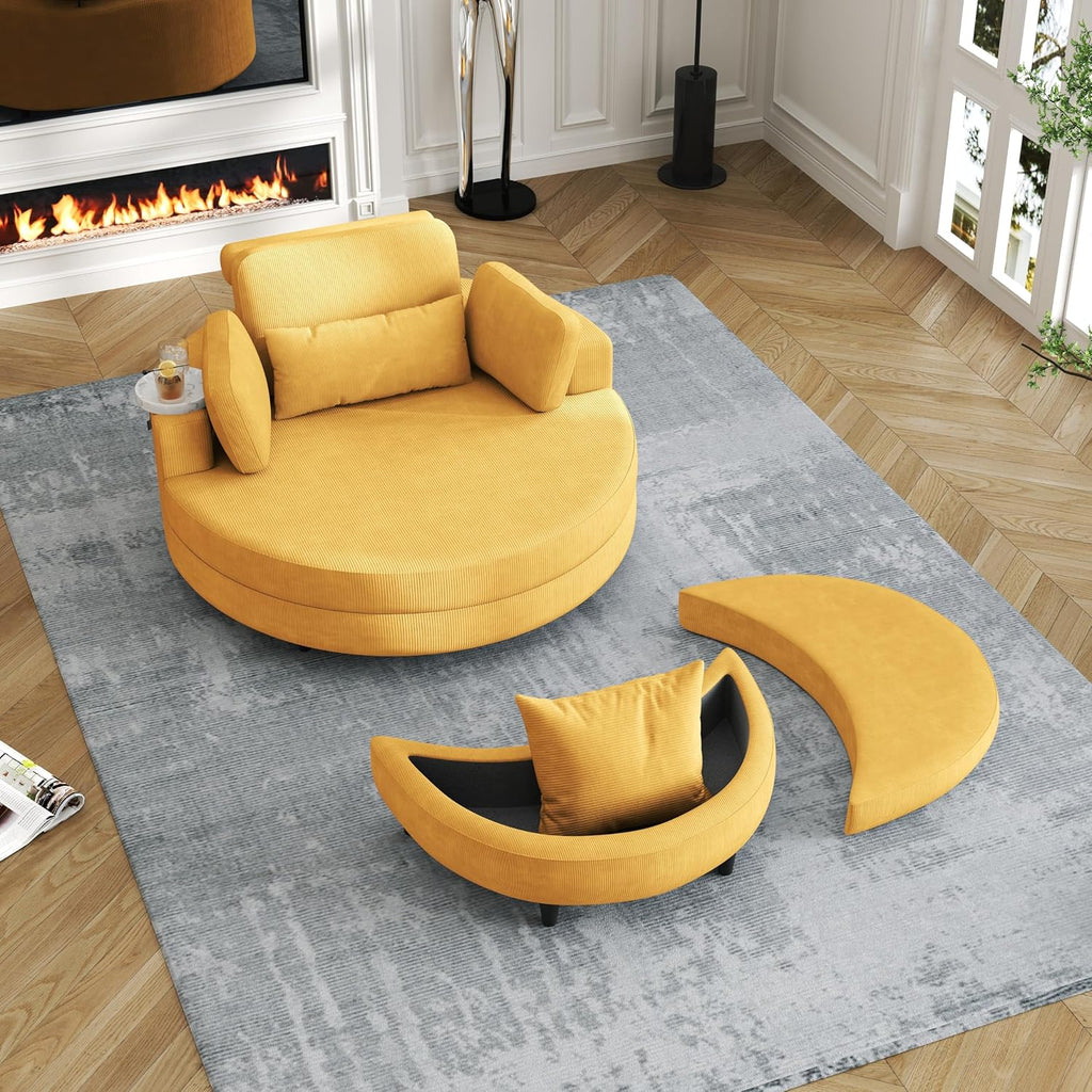 Corduroy Barrel Chair with Adjustable Headrest and Ottoman F784918