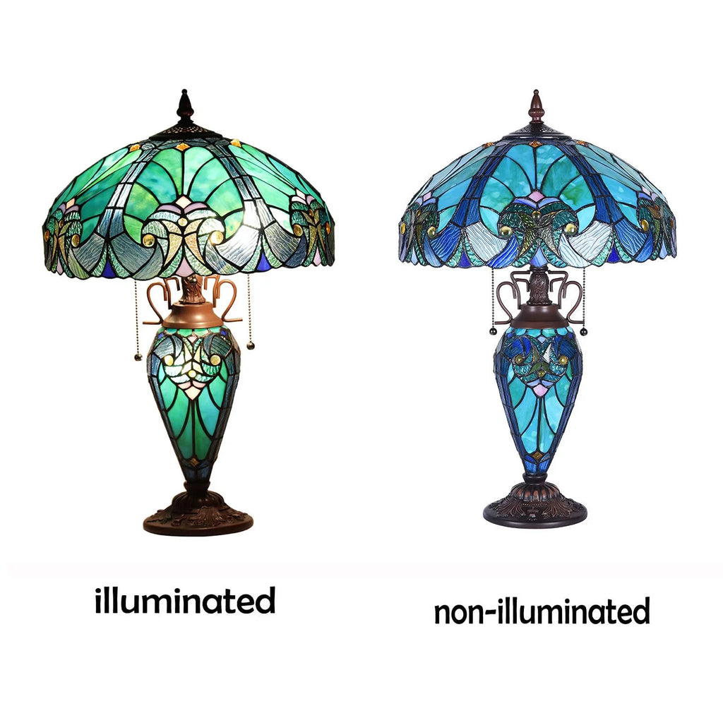 Handmade Stained Glass Table Lamp, 16" Wide, Sea Green Victorian Style W96750
