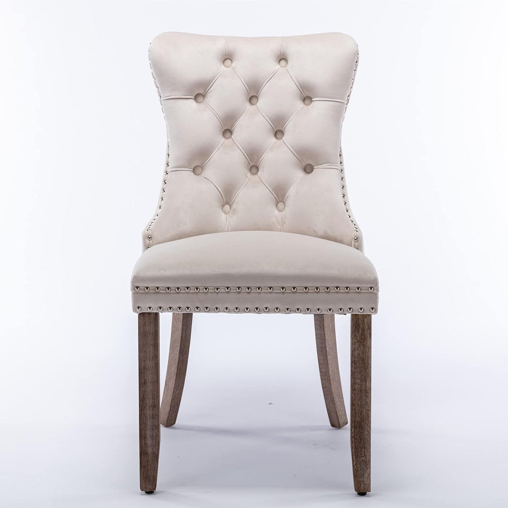 Tufted Velvet Upholstered Dining Chair with Wood Legs, 2-Piece Set, Beige X389