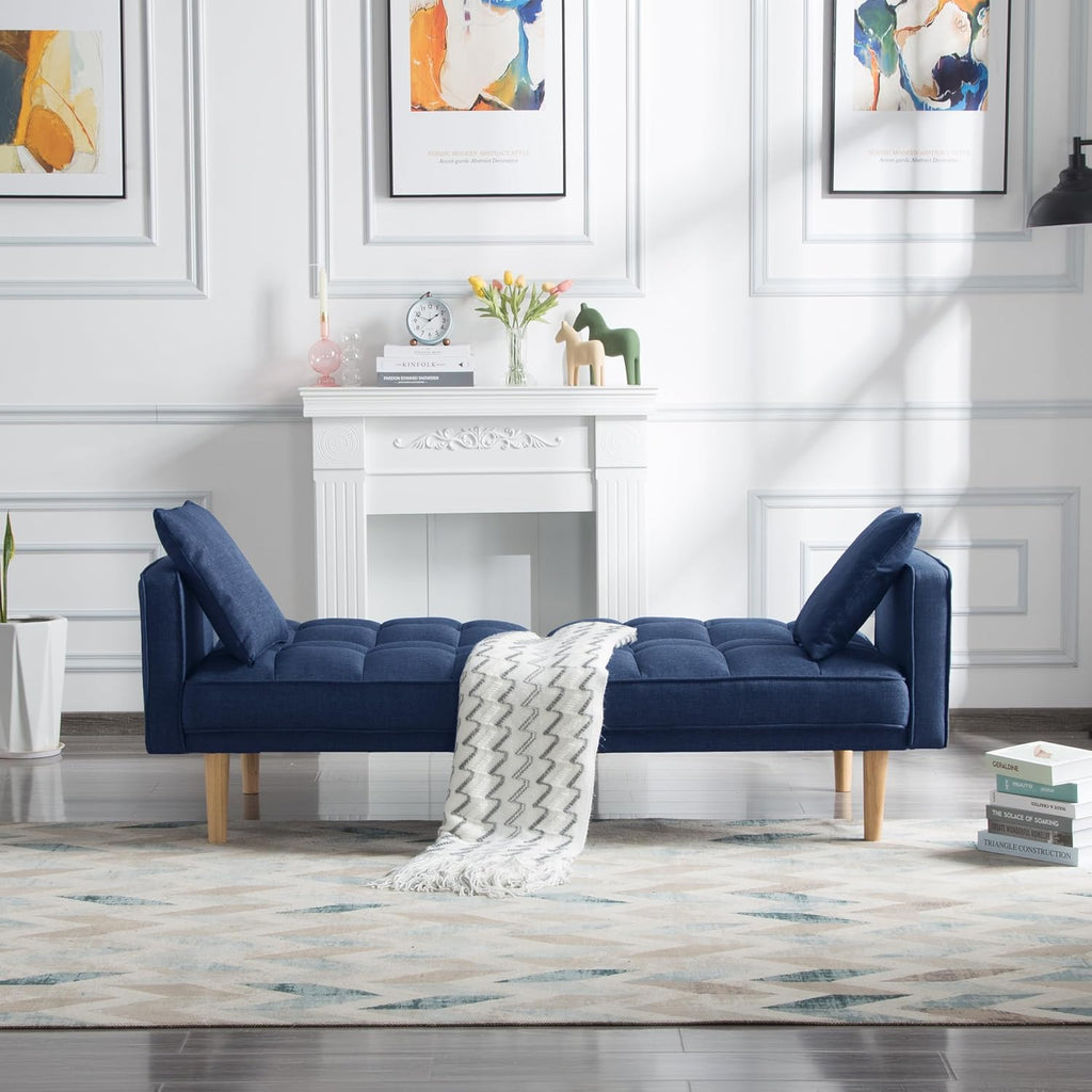 Tufted Futon Sofa Bed with Wooden Legs and 2 Pillows, Navy Blue N268