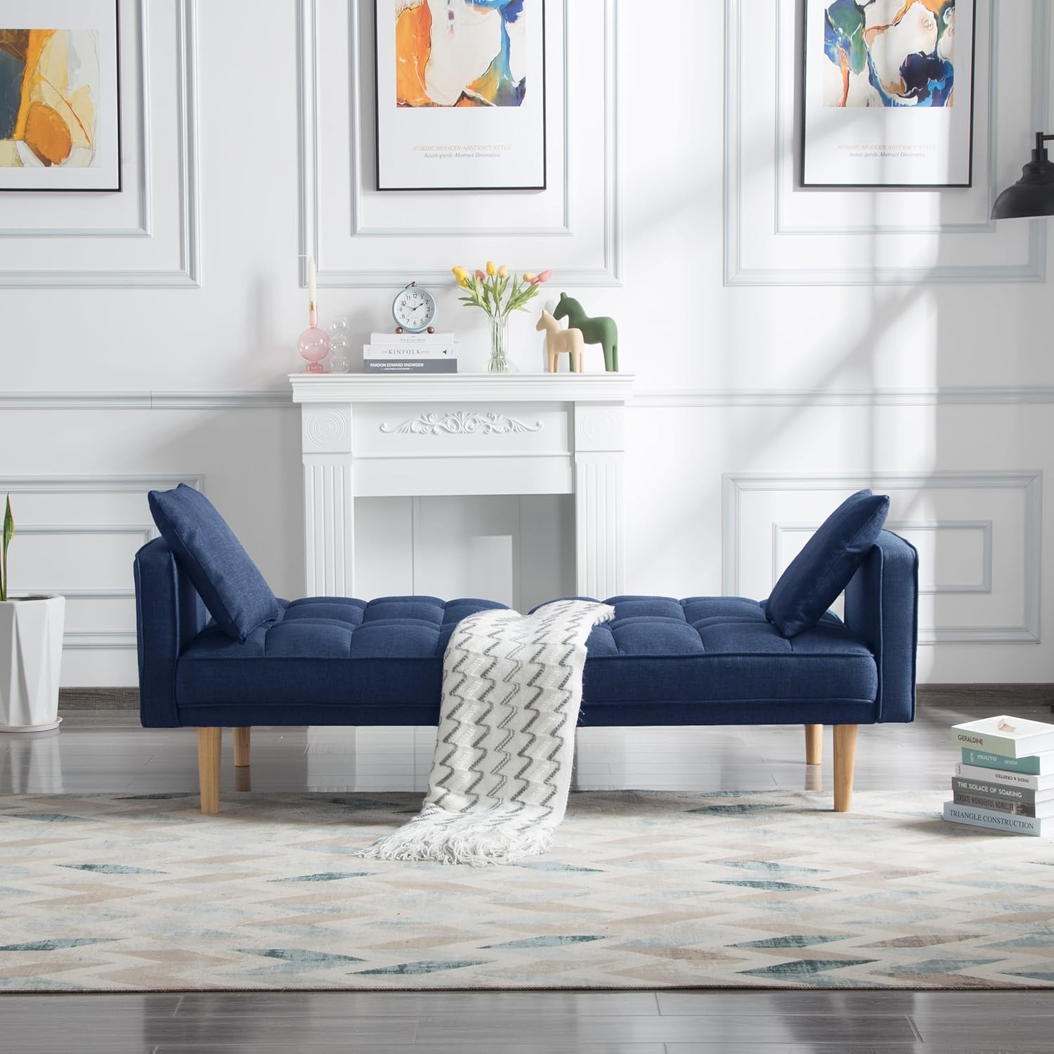 Tufted Futon Sofa Bed with Wooden Legs and 2 Pillows, Navy Blue N268