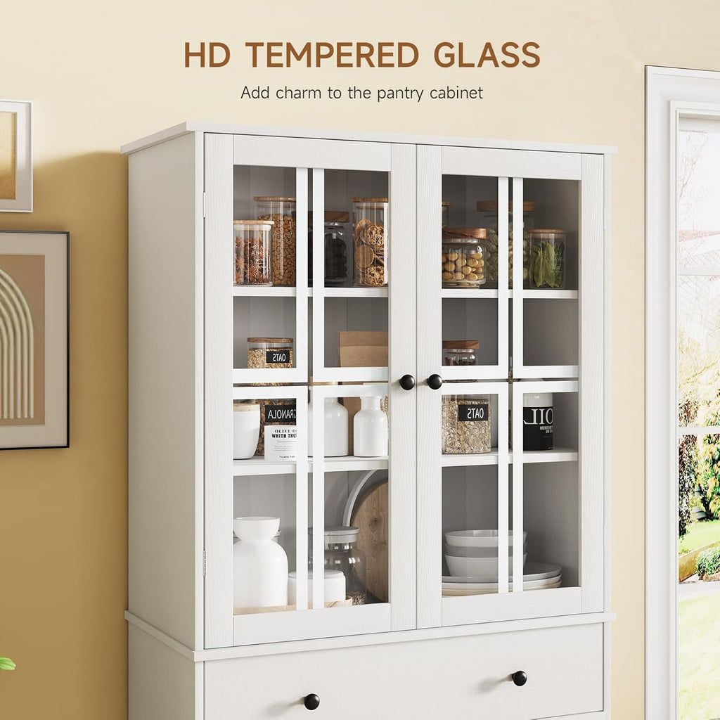 Tall Pantry Cabinet with Glass Doors and Drawer, Freestanding Storage Cupboard, White T455479