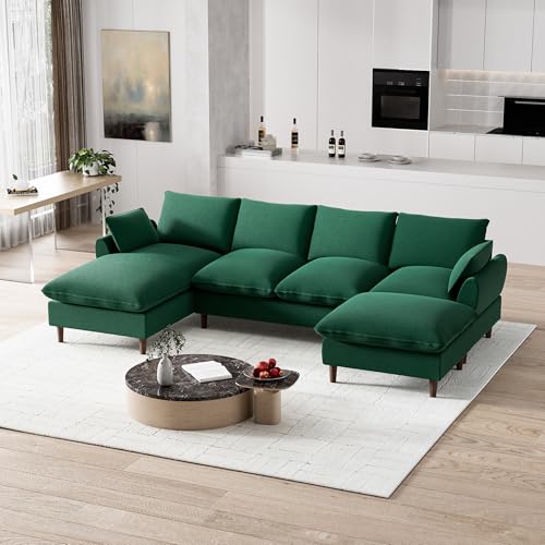 U Shaped Sectional Sofa Cloud Couch for Living Room, 112" Comfy Modular Deep Seat Couches, Oversized Fluffy Modern Chenille 6-Seater Sofa with Lounge Chaise Ottoman, Cream White