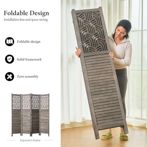 Wood Carved Room Divider, 4 Panel Folding Partition Screen I62007