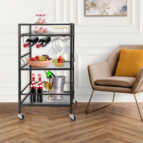 3 Tier Mirrored Bar Cart with Wine Racks and Glass Holders R39667