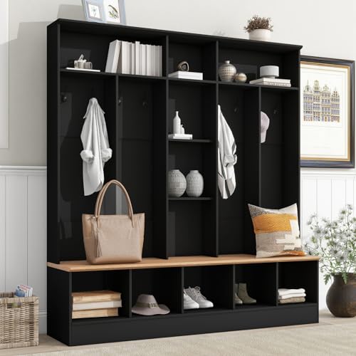 Wide Hall Tree with Shoe Storage Bench, Minimalist Entryway Bench with Coat Rack, Cube Storage and Shelves, Multifunctional Mudroom Bench with Storage and 8 Hooks for Entryway, Hallway (White)