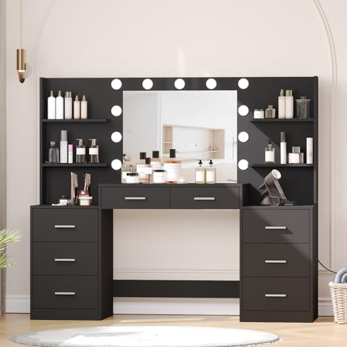 Large Vanity Desk with Mirror and Lights, White Makeup Vanity with Power Outlet, 8 Drawers U4403