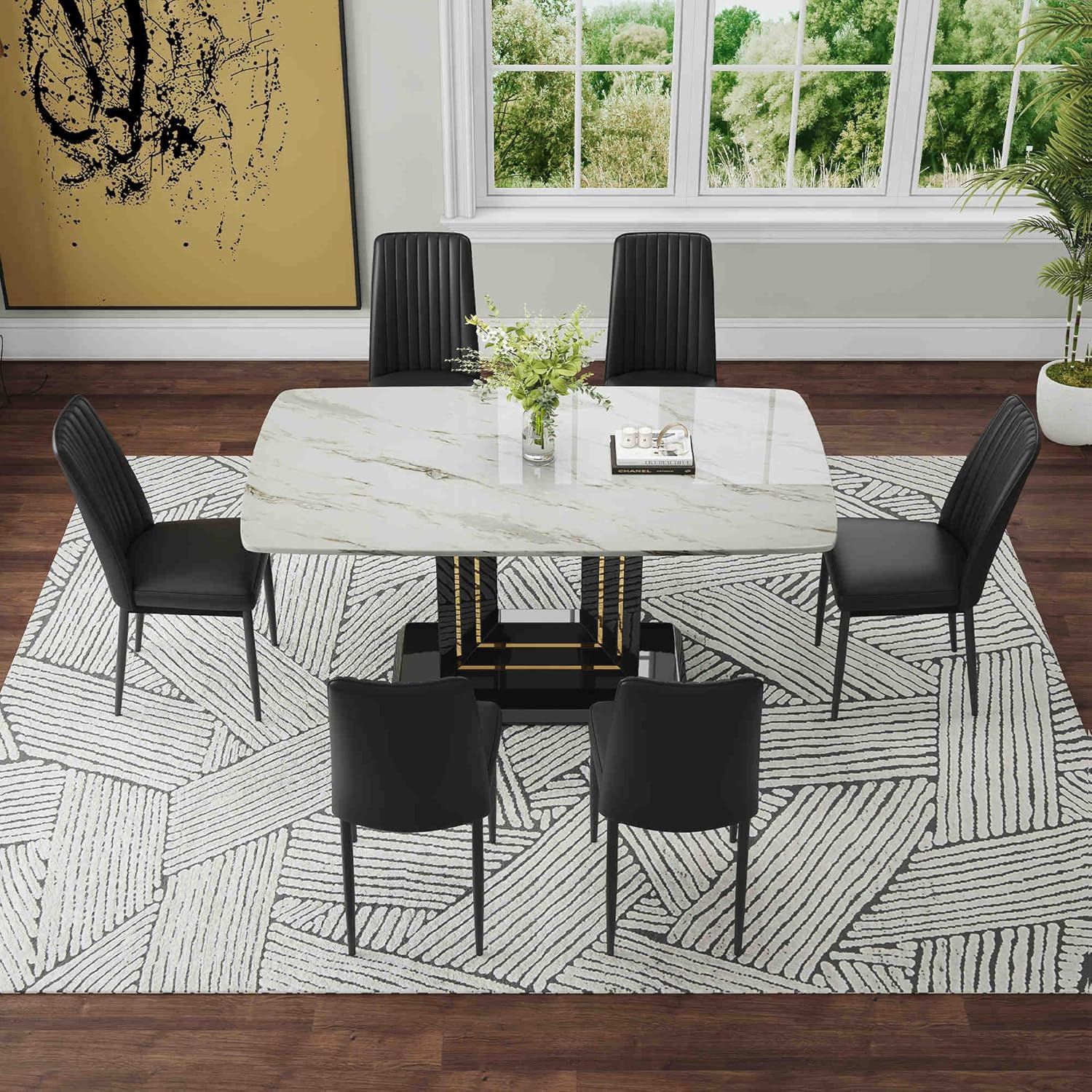 7-Piece Dining Table Set with 6 Soft Chairs, Faux Marble Top X4059