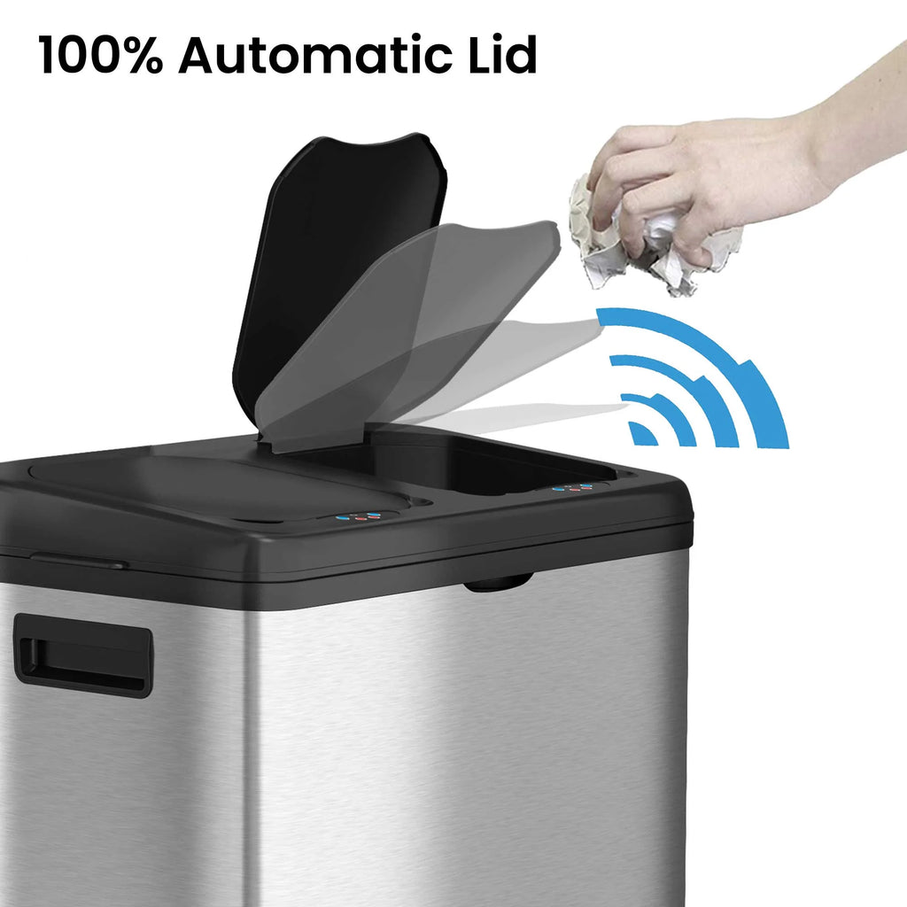 16 Gallon Touchless Trash Can and Recycle Bin, Stainless Steel, Dual-Compartment J469