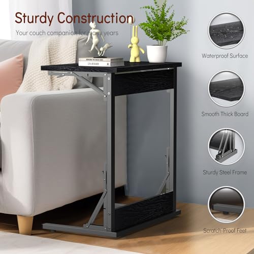 Folding C Shaped End Table for Sofa, Laptop Desk, TV Tray, Dark Black B7070
