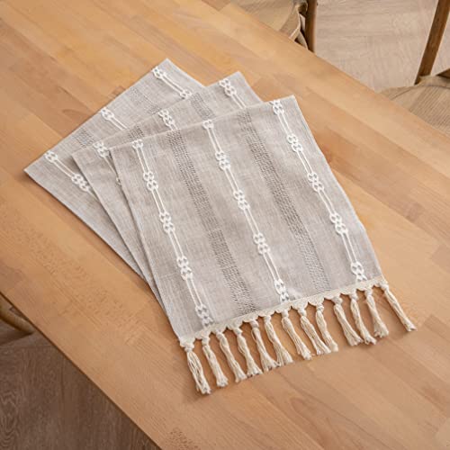 Rustic Linen Table Runner Striped Embroidered Boho 90 Inches Long Handmade Woven Tassel K657410