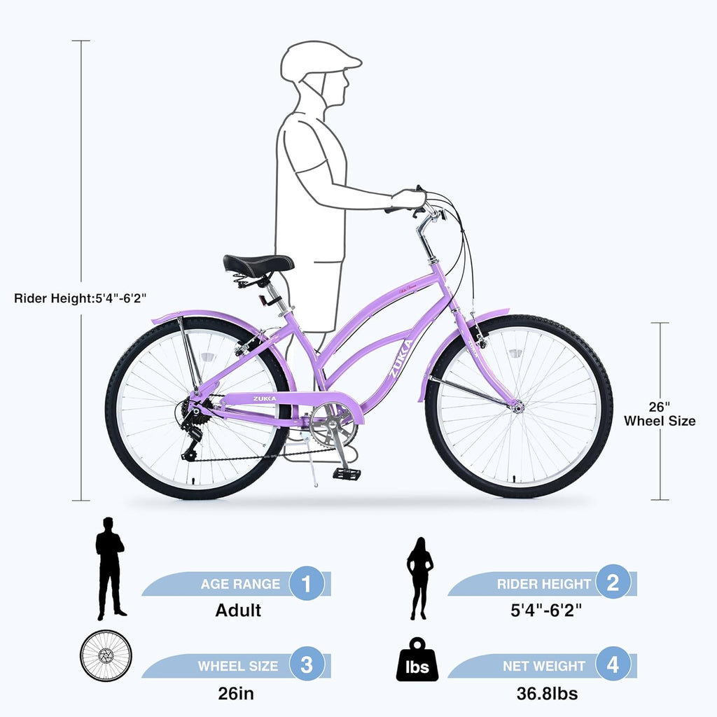Beach Cruiser Bike 26 Inch 7 Speeds Steel Frame for Women Q55767