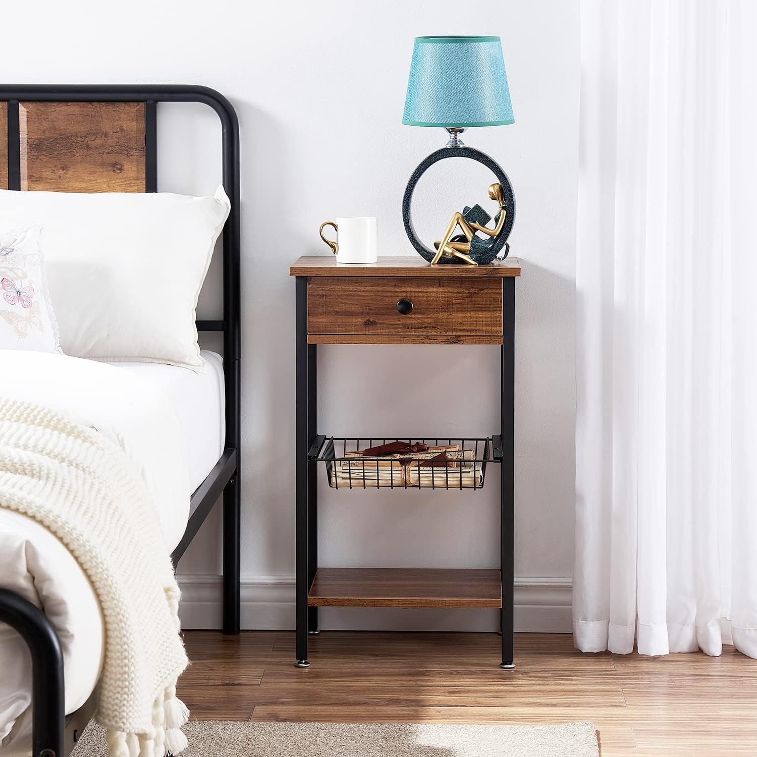 Tall End Side Table with Shelf and Storage Basket, Brown W27090