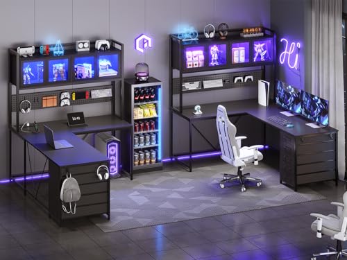 L Shaped Gaming Desk with Drawers and Storage Shelves J4846