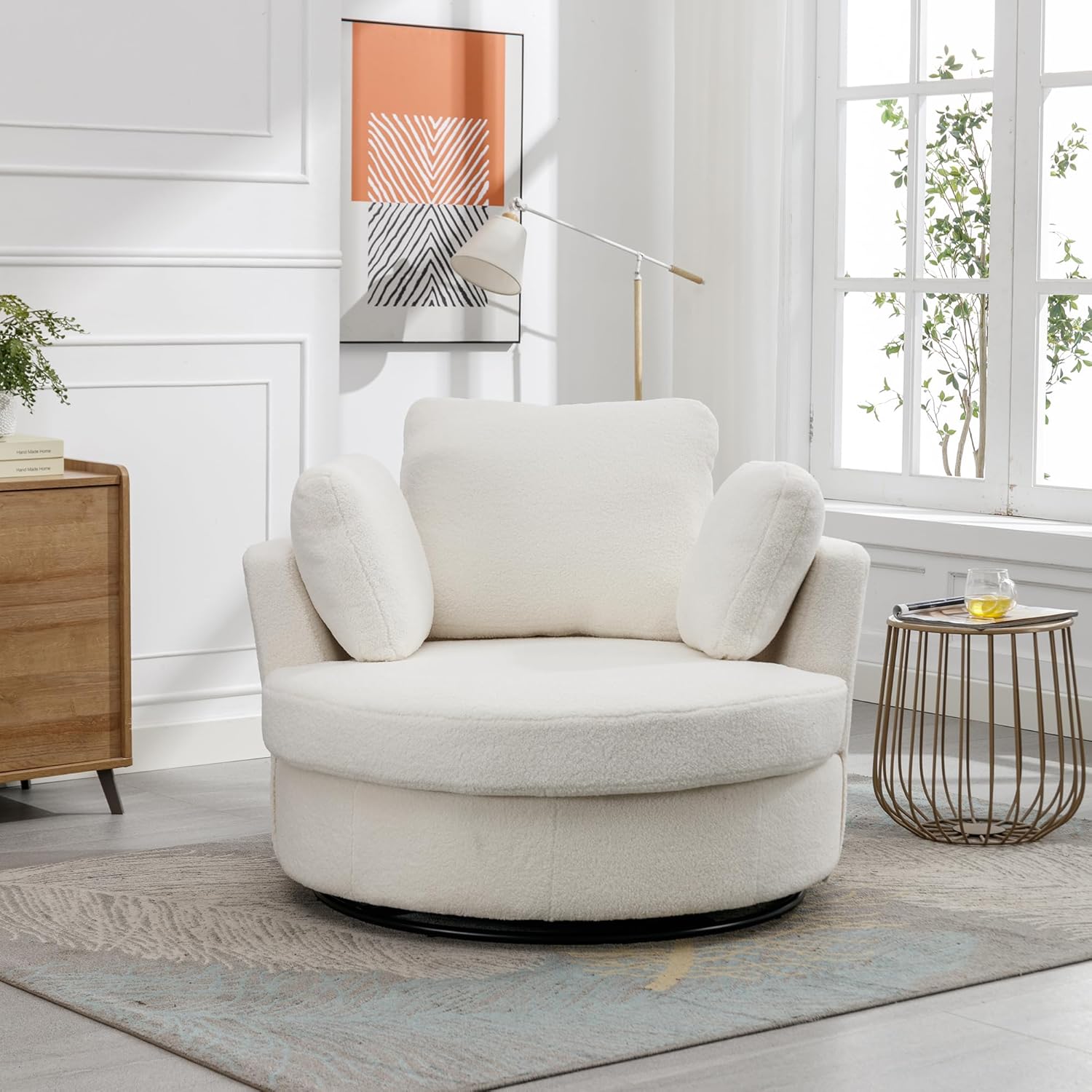 HomSof 42.2" W Swivel Accent Barrel Chair and Half Swivel Sofa with 3 Pillows 360 Degree Swivel Round Sofa Modern Oversized Arm Chair Cozy Club Chair for Bedroom Living Room Lounge Hotel,Ivory Sherpa