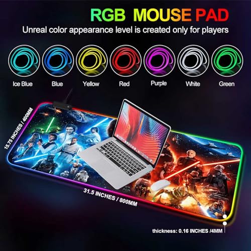 Gaming Mouse Pad with RGB Lighting, Anti-Slip Rubber Base, Stitched Edges, 31.5" x 15.7" Y571