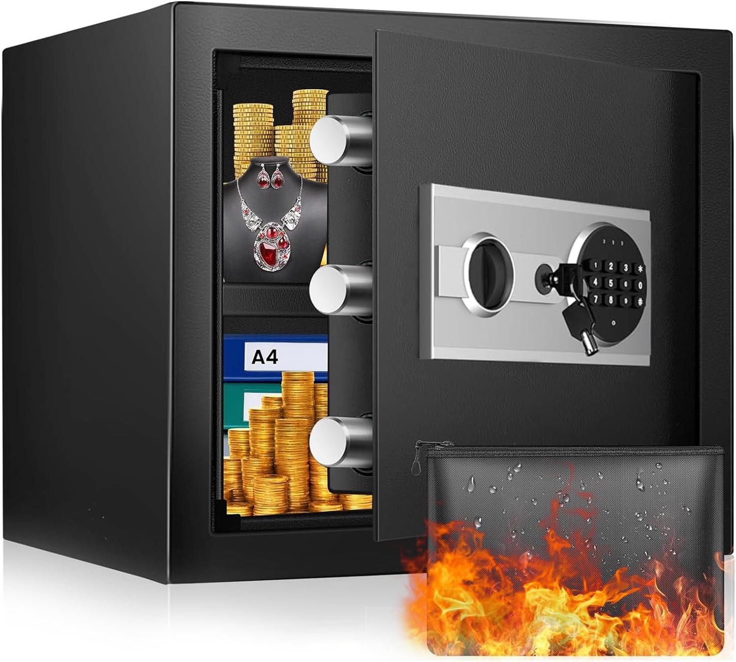 1.5 Cu ft Large Home Safe Box Fireproof Waterproof, Digital Home Security Fireproof Gun Safe Cabinet with Fireproof Document Bag, 1 Detachable Shelf, Anti-Theft Digital Security Home Fire Safe.