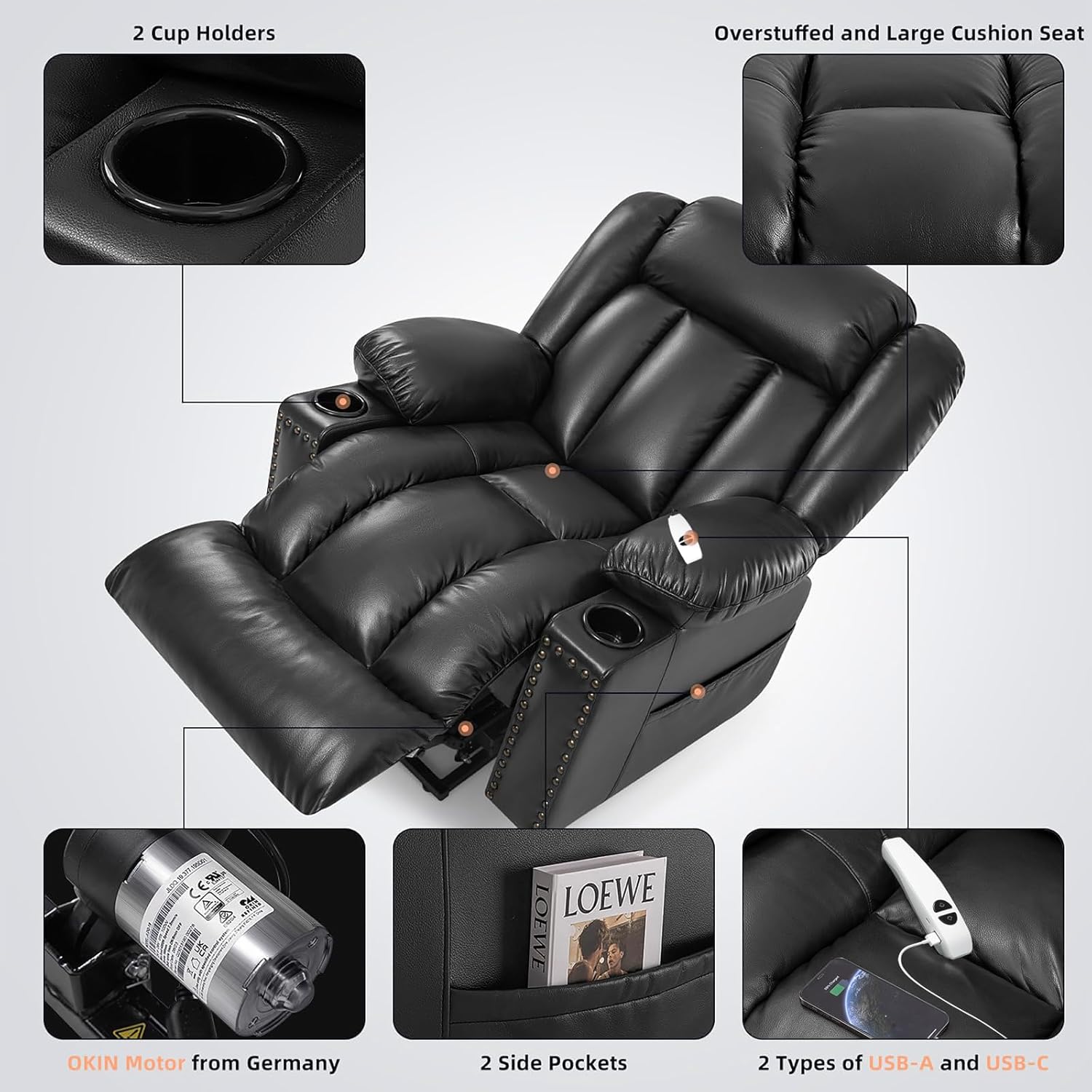 Power Lift Chair Recliner for Elderly with Heat and Massage, Black B20413
