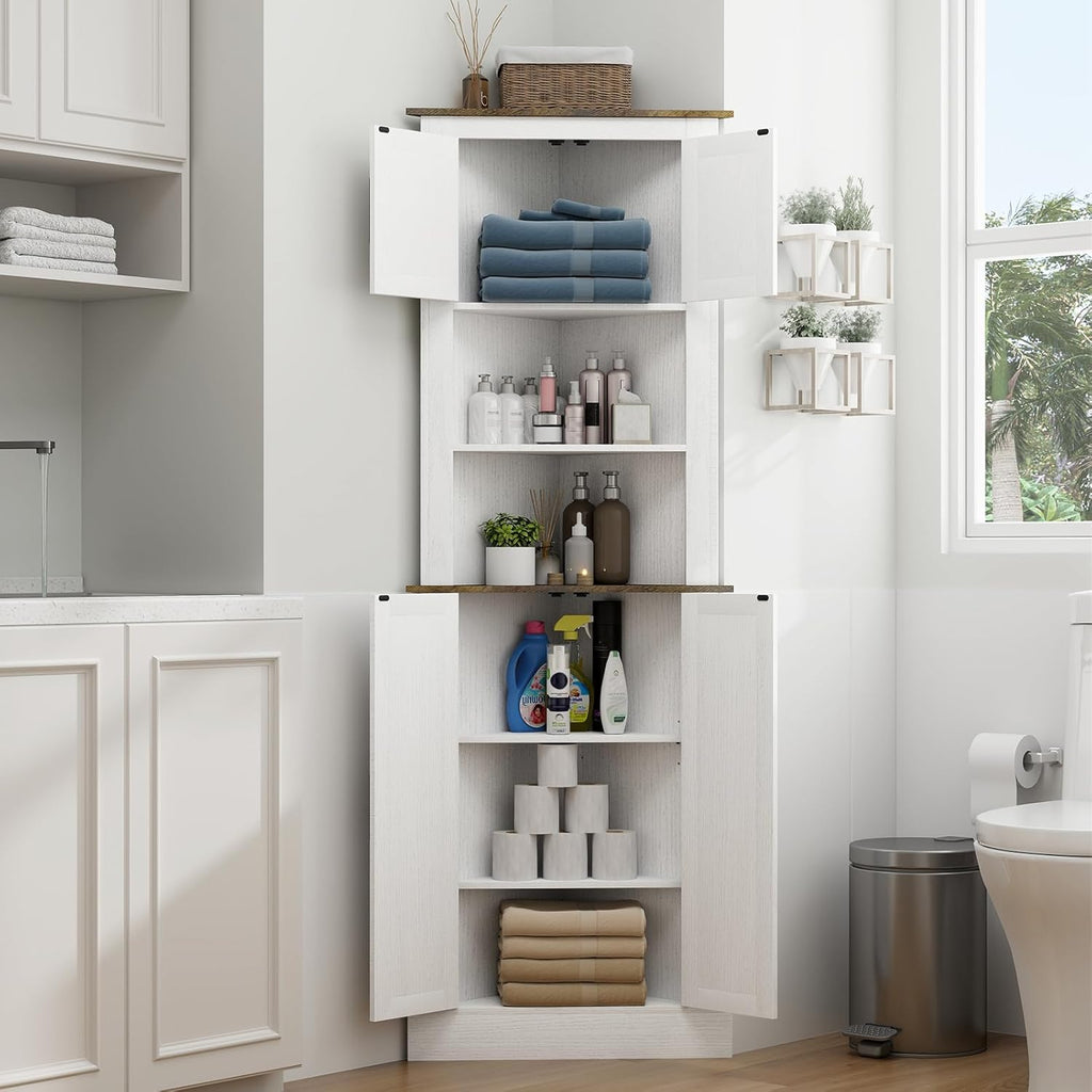 Tall Corner Cabinet, 68" Farmhouse Storage with 4 Barn Doors & Adjustable Shelves G12034