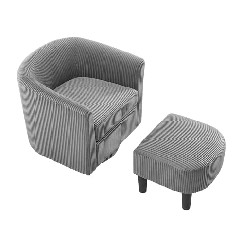 Corduroy Barrel Accent Chair with Ottoman, 360° Swivel, Grey K2375