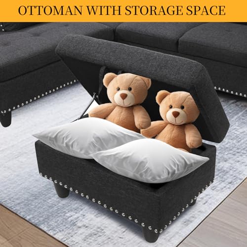 L Shaped Sectional Couch with Recliner and Storage Ottoman, Charcoal Grey R859535