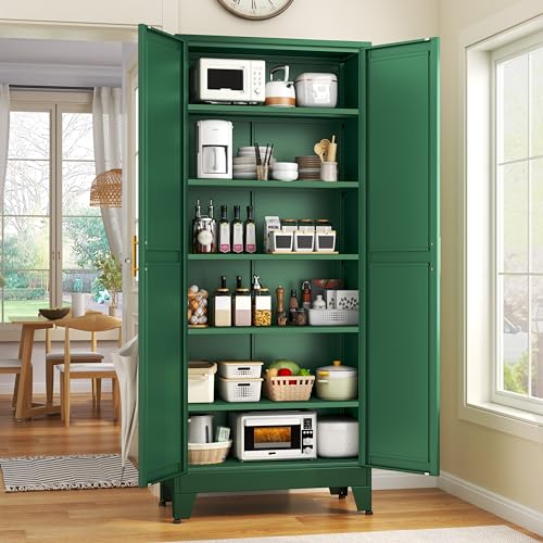 75.2" Tall Pantry Cabinet, Kitchen Pantry Storage Cabinets with 2 Door and 5 Adjustable Shelves, White Metal Pantry Storage Cabinet, Cupboard for Kitchen, Dining Room, Living Room and Bathroom