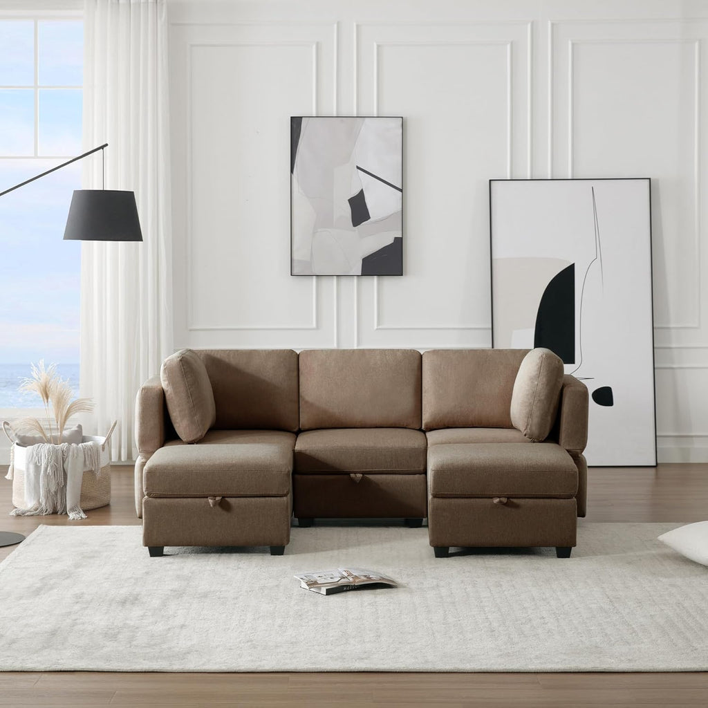Reversible Sectional Sofa Modern Modular Sectional Couch with Chaise U Shaped Corner Sectional 5 Seater Modular Sofa with Storage Seats, Adjustable Arms and Backs - Brown