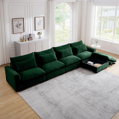 Corduroy L Shaped Sofa Couch 157.5" Brown Comfy Modular Couch Oversized Couch with Storage Ottoman Cloud Couch 4 Seater Extra Deep Sofa Couch,Sectional Couches for Living Room