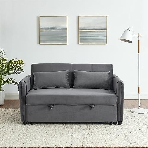 3-in-1 Versatile Convertible Sofa Bed, Velvet Double Sofa with Pull-out Bed, Futon Couch with Adjustable Backrest and Side Pocket,Loveseats Sofa Bed,Square Arms, for Living Room Apartment, Grey
