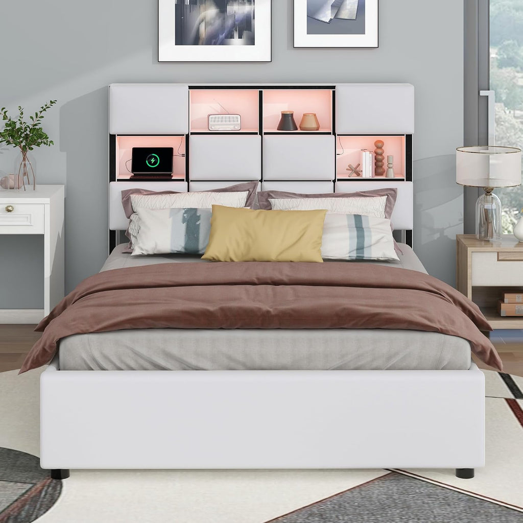 Upholstered Platform Bed with Storage Headboard and USB Port S85958