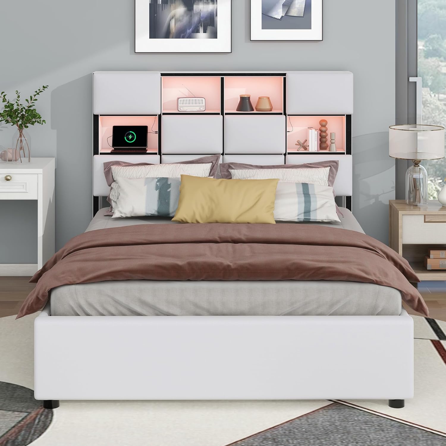 Upholstered Platform Bed with Storage Headboard and USB Port S85958