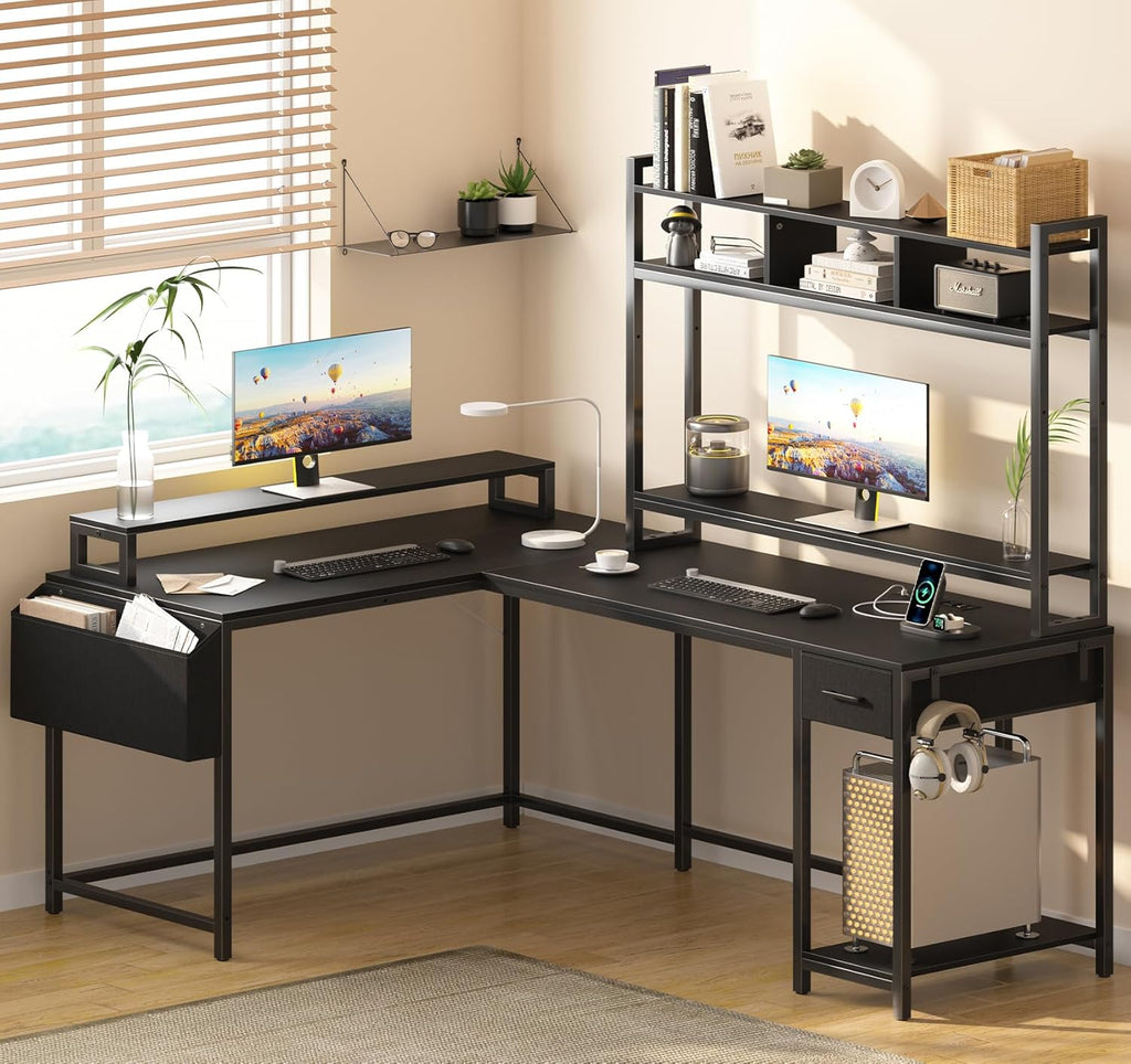 L Shaped Gaming Desk with Monitor Shelf and Power Outlets Q696200