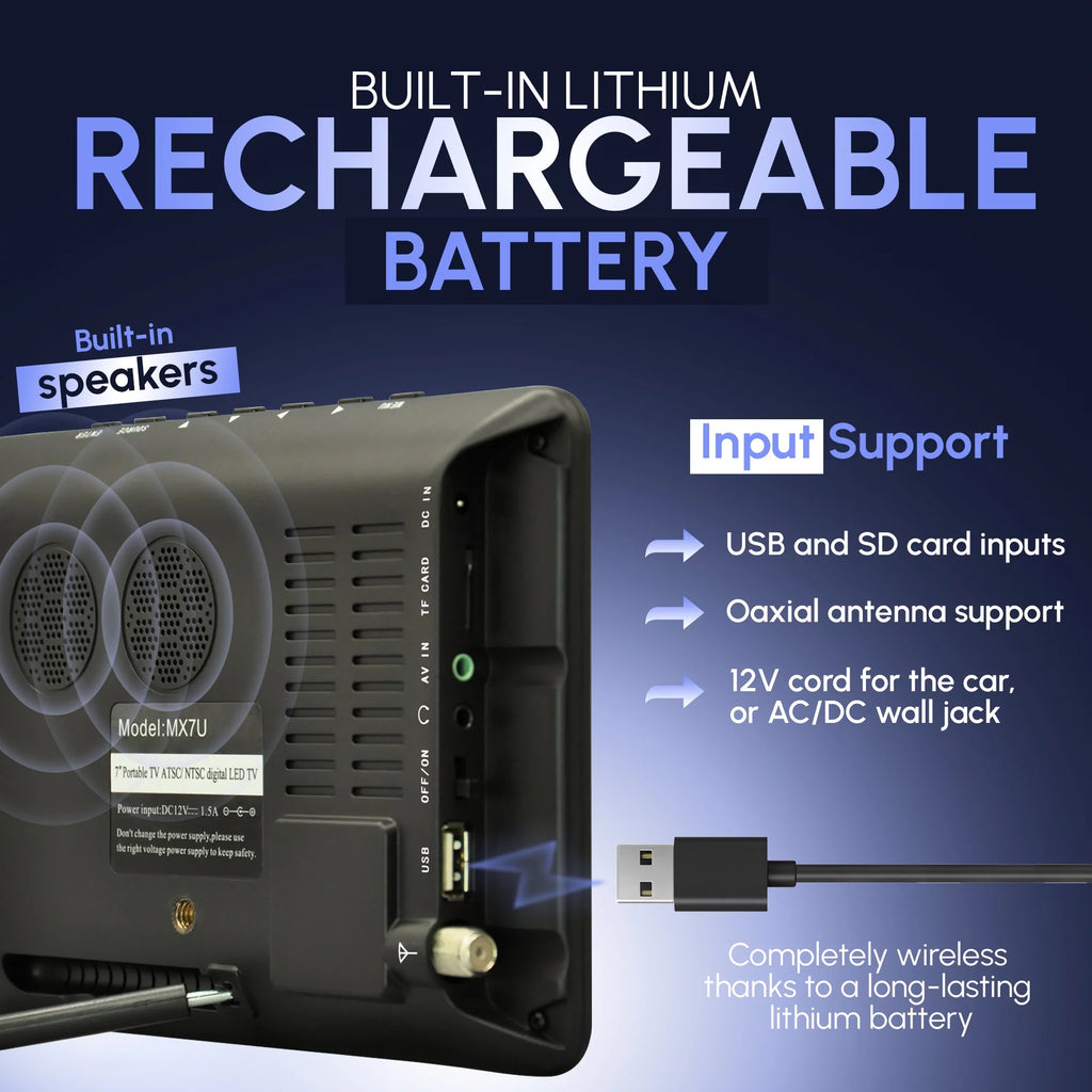 7" Portable TV with Rechargeable Battery, Remote Control, and Digital Tuner U6071