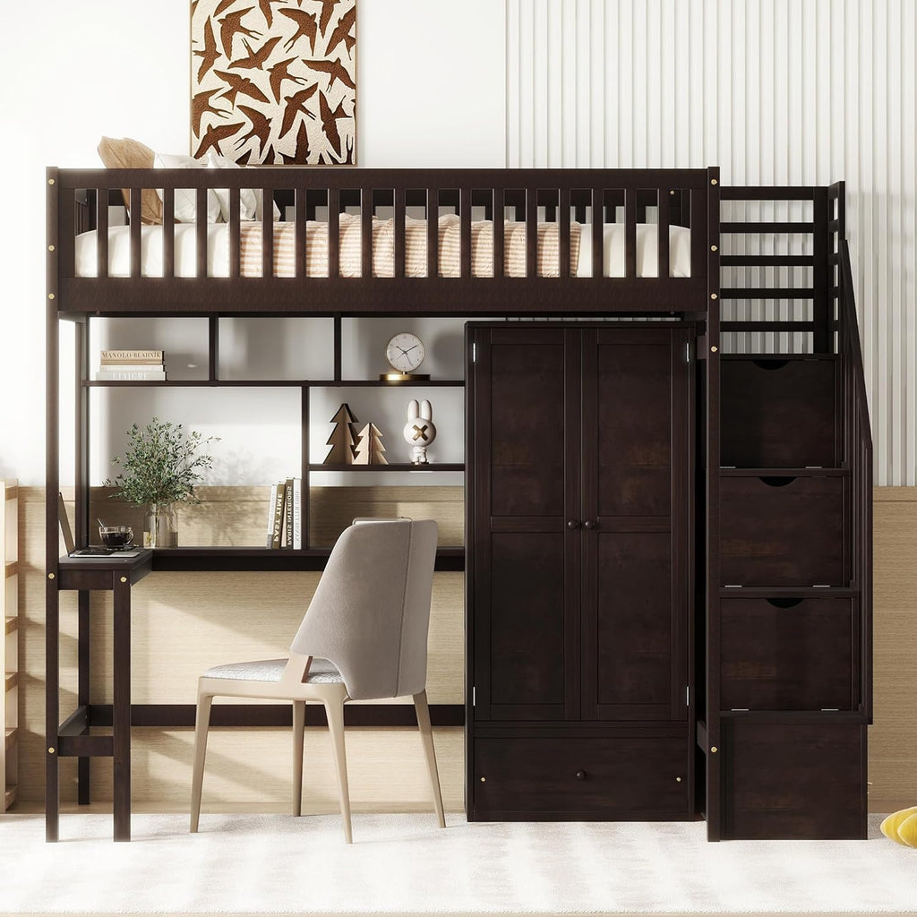 Twin Size Loft Bed with Stairs, Desk, Bookshelf, Drawers and Wardrobe, Solid Wood Frame Q2518