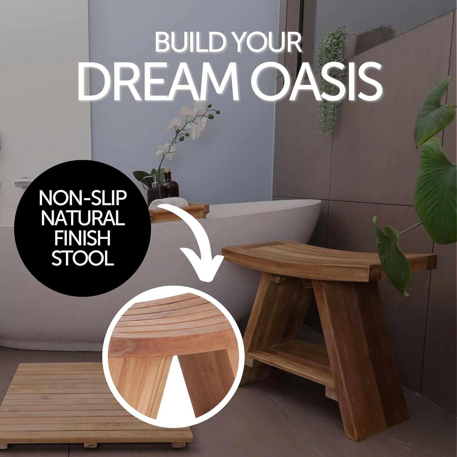 Teak Wood Shower and Bath Stool with Curved Seat S96749