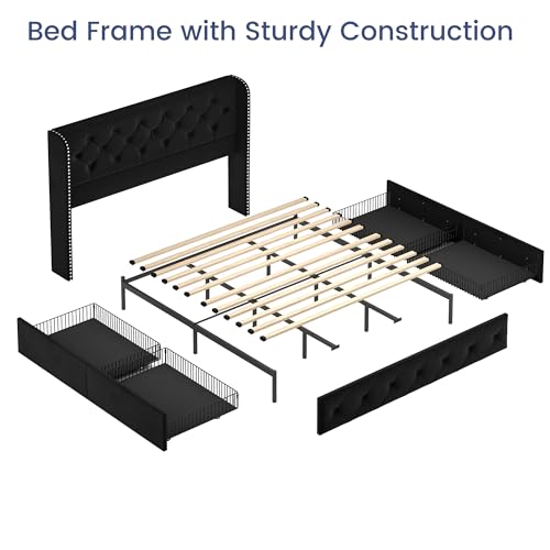 King Size Bed Frame with Storage Drawers and Tufted Headboard Q349