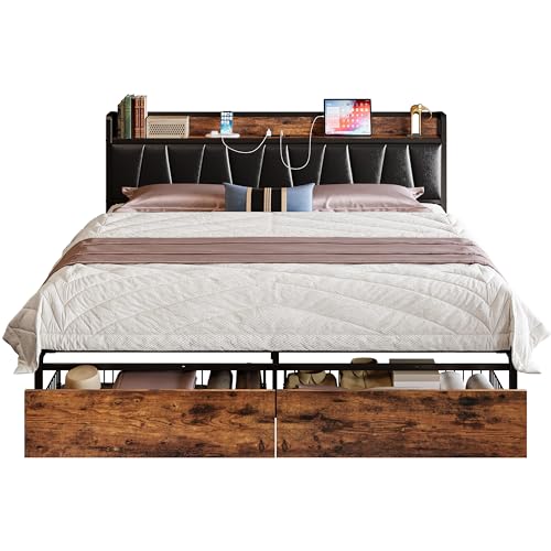 Full Size Bed Frame with Storage Headboard and Drawers, No Box Spring Needed C521