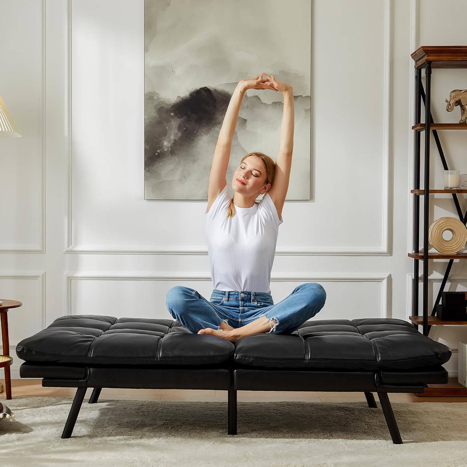Futon Sofa Couch - Leather Futon Sofa Bed, Sofa Sleeper, Modern Convertible Lazy Futon for Living Room, Small Space, Apartment Office, Black