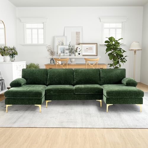 Modern U-Shaped Sectional Couch for Living Room - 110 in Chenille 4 Seater with Double Chaises and Golden Metal Legs - Ideal for Home, Office, Bedroom, Apartment, Green